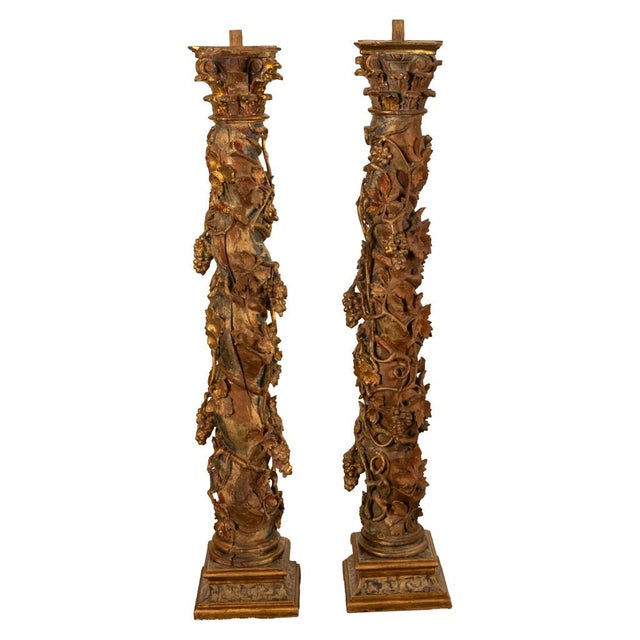 17th Century Antique Pair 17th Century Baroque Carved & Gilded Solomonic Columns Italy 1680 For Sale - Image 5 of 17