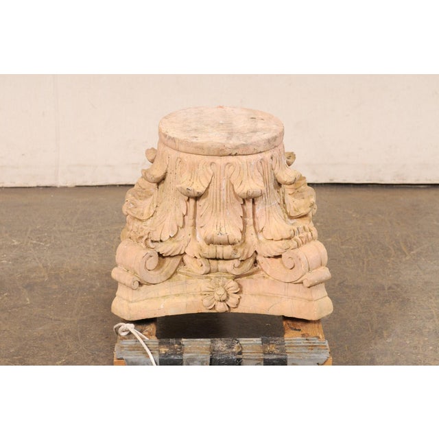 Peach Vintage Spanish Carved Sandstone Corinthian Pedestal Base For Sale - Image 8 of 10