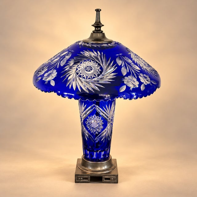Pair of Cobalt Blue Cut-Glass Table Lamps With Floral Shades For Sale - Image 11 of 11