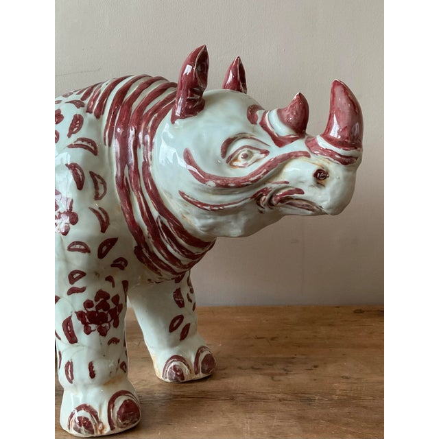 Chinoiserie Vintage Boho Glazed Ceramic Ming Rhinoceros For Sale - Image 3 of 11