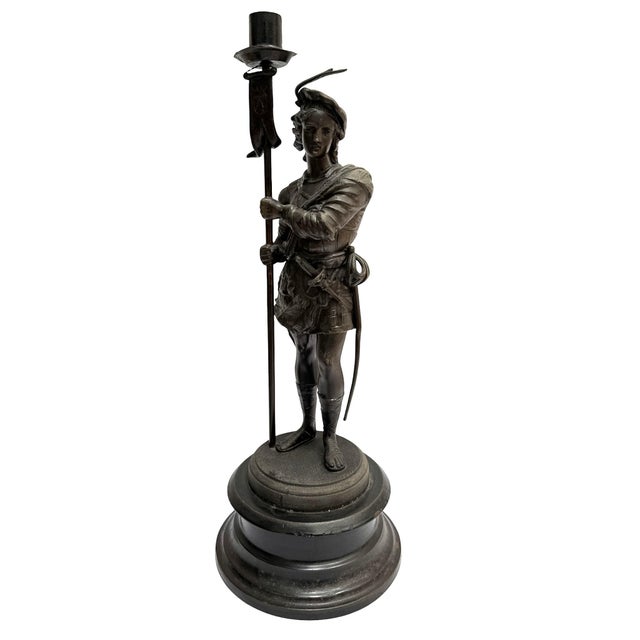 19th Century 19th Century French Antique Spelter Figural Candlesticks – Pair of Renaissance Troubadour Warriors For Sale - Image 5 of 9