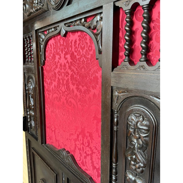 19th Large Carved Spanish Solid Walnut Coat Rack Stand with Red Damask Back For Sale - Image 18 of 18