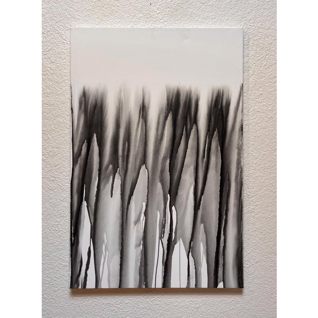Unimaginable Depths features an intricate interplay of ink on canvas, where fluid strokes cascade downward, creating a...