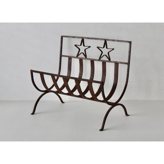 Cinnamon Rustic Western Style Wrought Iron Fireplace Log Holder Open Stars Cutouts Detail Vintage For Sale - Image 8 of 13