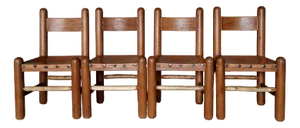 Brutalist and Sculptural French Dining Chairs in Oak and Leather, 1960s, Set of 4