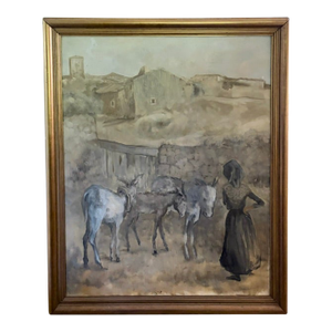 Large Spanish Oil on Canvas - Tres Burros, Signed and Dated