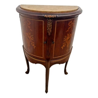 1930s French Louis Revival Demilune Cabinet With Shelf, Marble Top, Floral Marquetry For Sale