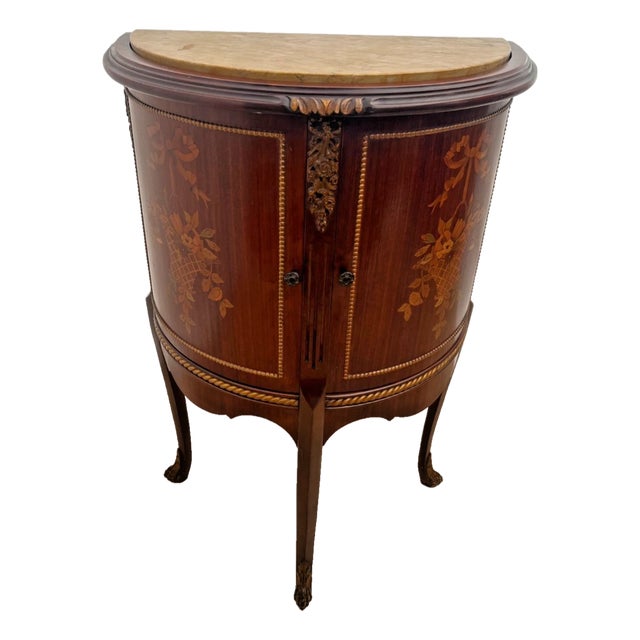 1930s French Louis Revival Demilune Cabinet With Shelf, Marble Top, Floral Marquetry For Sale