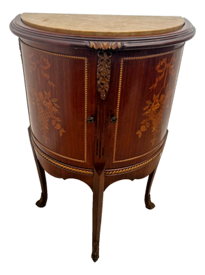 1930s French Louis Revival Demilune Cabinet With Shelf, Marble Top, Floral Marquetry
