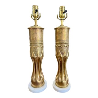 Early 20th Century French Wwi Trench Art Brass Artillery Shell Lamps With Italian Marble Bases - a Pair For Sale
