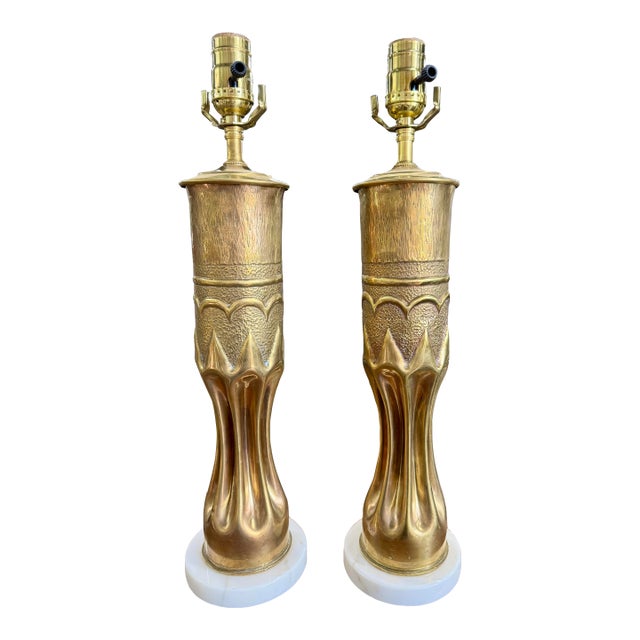 Early 20th Century French Wwi Trench Art Brass Artillery Shell Lamps With Italian Marble Bases - a Pair For Sale