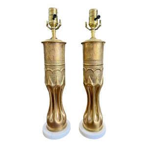 Early 20th Century French Wwi Trench Art Brass Artillery Shell Lamps With Italian Marble Bases - a Pair