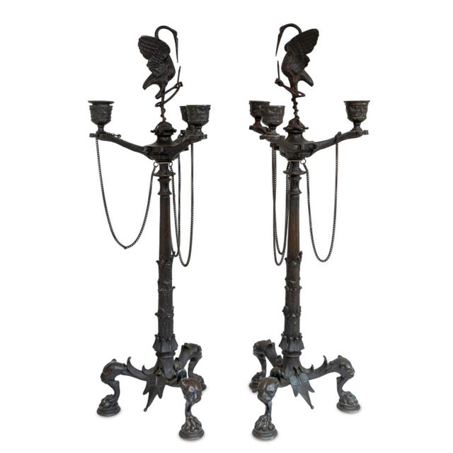 Patinated Bronze 3-Branch Candelabra, Pair For Sale - Image 4 of 4