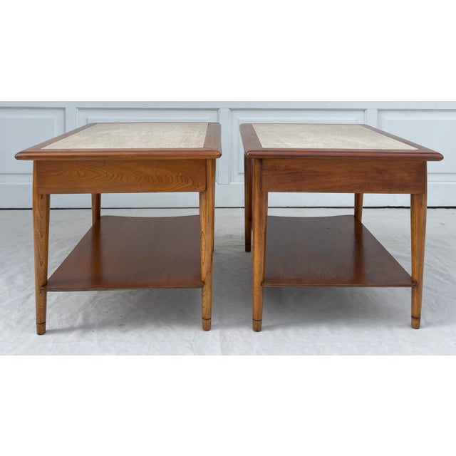 Pair of Lane Perception Weave Design and Travertine Side Table Nightstands For Sale - Image 9 of 13