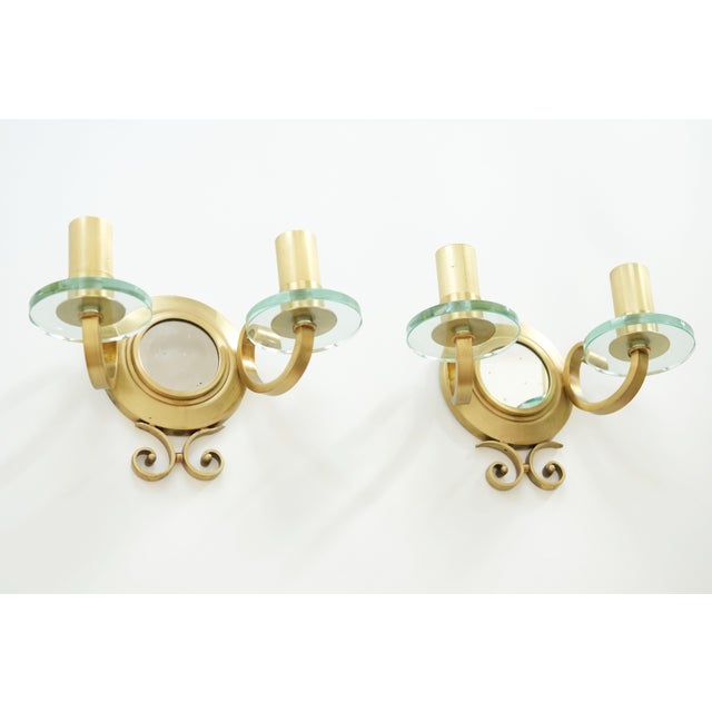 French Gilt-Bronze and Glass Sconces with Central Mirrors, 1940, Set of 2 For Sale - Image 4 of 10