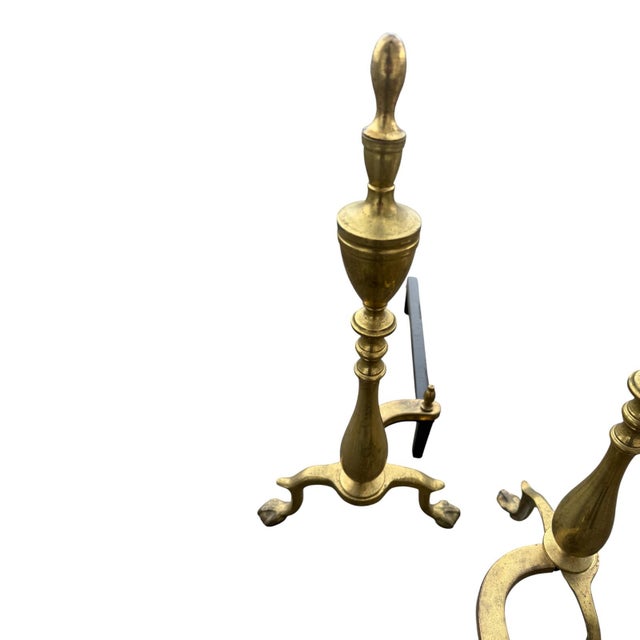 Brass Pair 1920s Antique Brass Andirons Chippendale Claw Ball Feet Fireplace For Sale - Image 8 of 15
