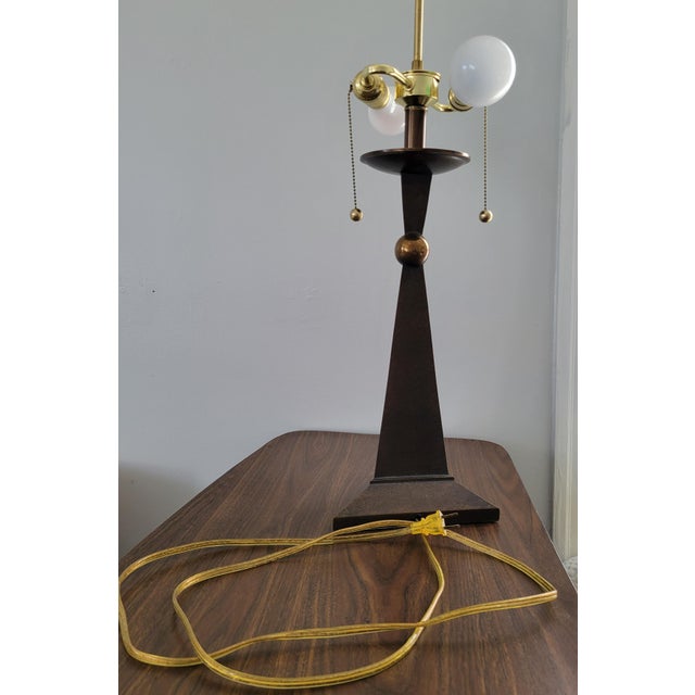 Mid 20th Century Modern Patinated Bronze Pyramid and Brass Sphere Lamp With Pleated Linen Shade For Sale - Image 10 of 10