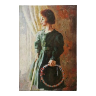 Mid-20th Century Signed Rasky - Girl With Hoop, Oil on Canvas For Sale
