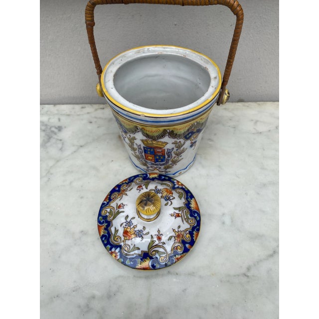 French Faience Biscuit Barrel Desvres Circa 1900. 8 inches with handle. 7 inches height.