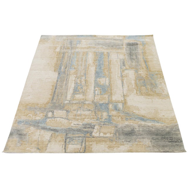 Abstract Ethereal Modern Rug – Hand-Loom Wool & Nylon Blend in Sand and Blue For Sale - Image 10 of 10