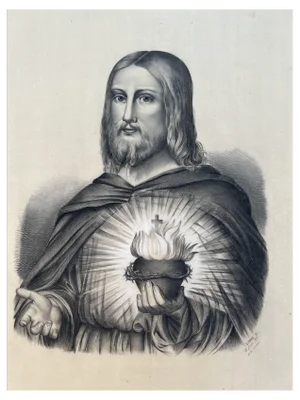 Large Drawing Sacred Heart of Jesus Christ, 19th Century