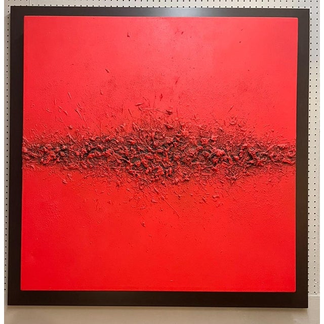A mixed media (acrylic and encaustic) on canvas, titled "Intrigued" features a painted red canvas with textured...