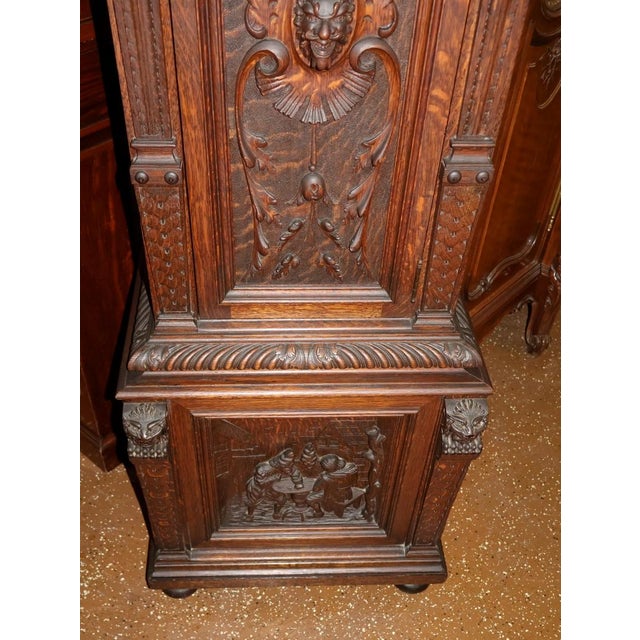 ​​19th Century Tiger Oak Figural Carved Tall Case Grandfather Clock W&h Movement For Sale - Image 16 of 17