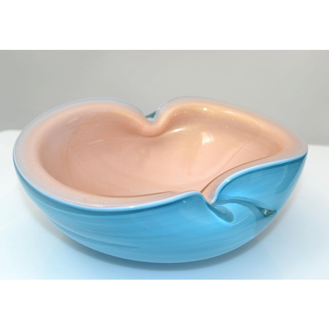 Italian Murano Clear Turquoise Blue & Light Peach Blown Art Glass Bowl 1960 For Sale - Image 13 of 13