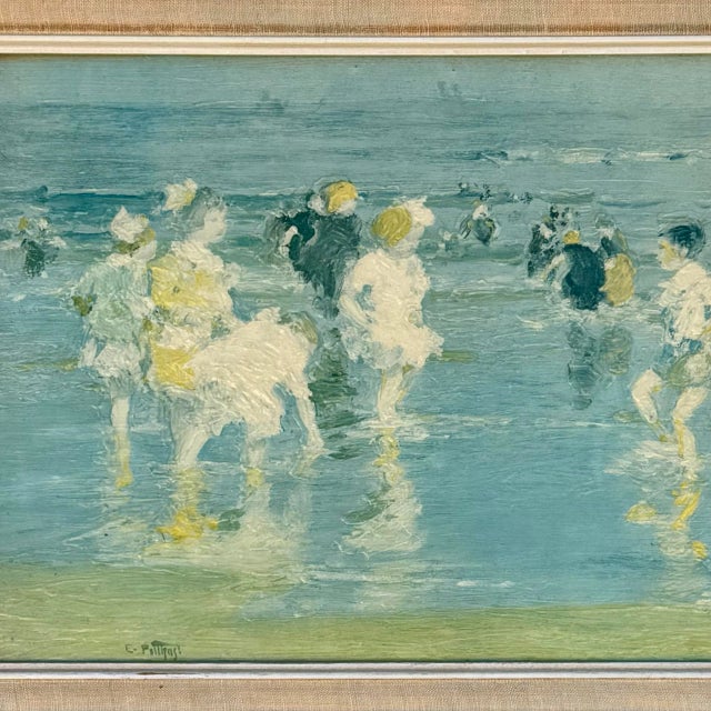 Impressionist Vintage Edward Henry Potthast “Children on the Beach” Textured Canvas Print, Framed Mid-Century Art For Sale - Image 3 of 9