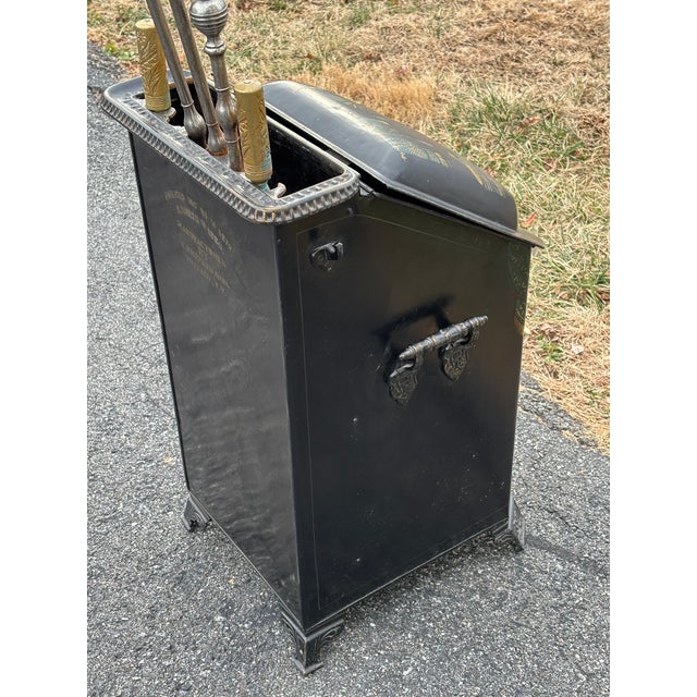 Late 19th C. Chinoiserie Shepard & Co. Antique Hand Painted Brass Trim Coal Scuttle With Integrated Fireplace Tools For Sale - Image 9 of 17