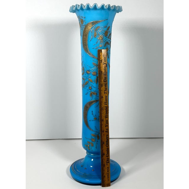 19th Century Victorian Moser Blue Opaline Glass Vase: Gilt Floral Decor, 15.5" For Sale - Image 10 of 10