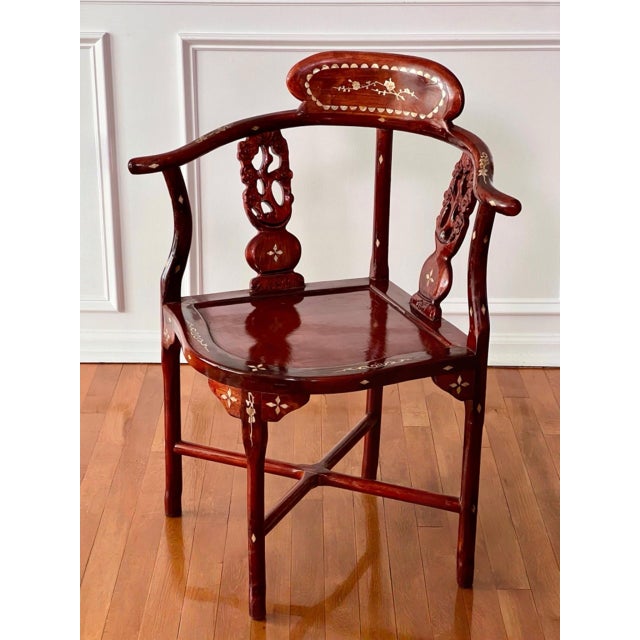 Pair of Chinese Rosewood Corner Chairs With Mother-of-Pearl Inlay, C. 1940 For Sale - Image 4 of 18