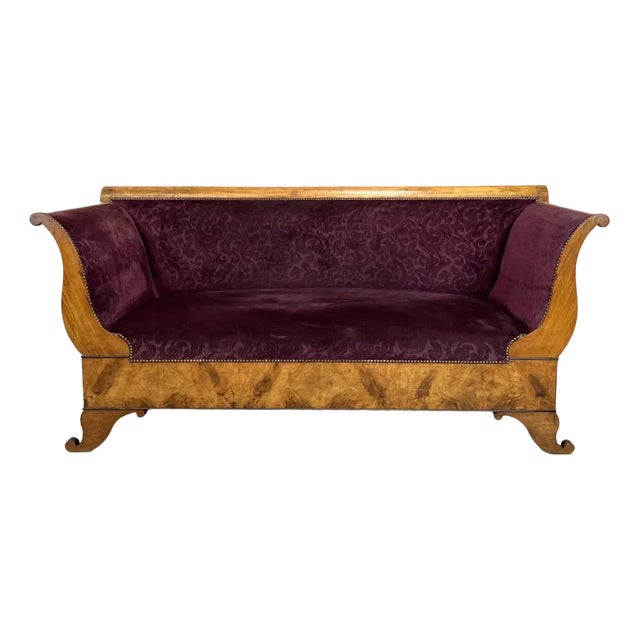 Art Deco Violet Jacquard Velvet and Walnut Wood Canape Sofa For Sale