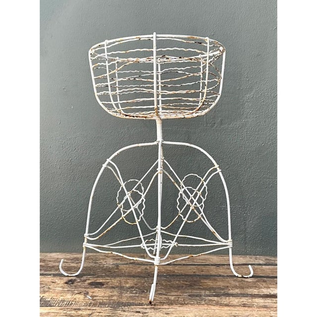 Mid-Century Modern Vintage Distressed White Wire Plant Stand For Sale - Image 3 of 12