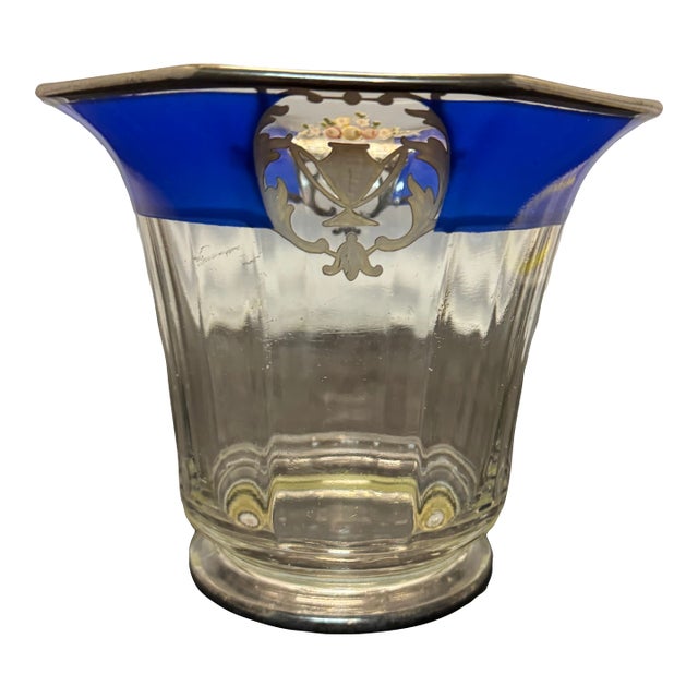 Vintage Westmoreland Glass Cobalt Blue & Silver Overlay Candy Dish Floral Urn For Sale