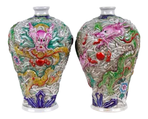 Pair of Chinese Molded-Relief Dragon Vases