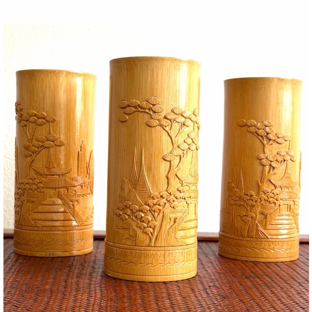 Chinoiserie 1970s New Old Stock Hand-Carved Bamboo Pagoda Asian Bud Vases — Set of 3 For Sale - Image 3 of 7