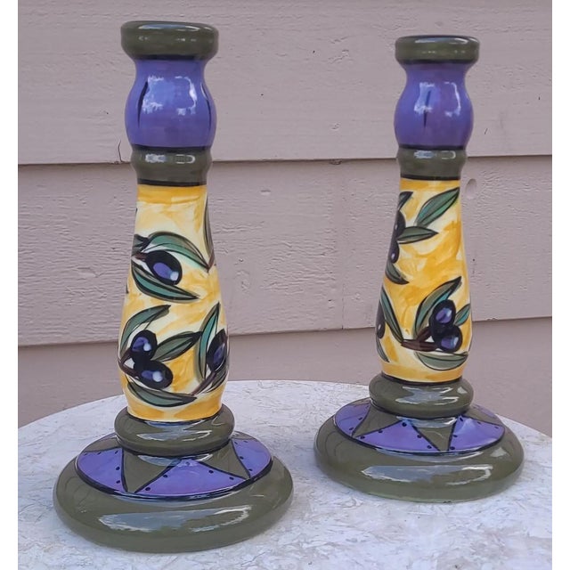 Vintage Italian Hand Painted and Glazed Candle Holders - A Pair For Sale - Image 9 of 10