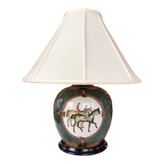 1980s Porcelain Table Lamp With Hand-Painted Equestrian Scene With Riders and Horses For Sale