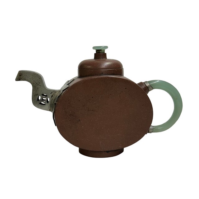 1980s Chinese Zisha Clay Brown Jade Stone Handle Pewter Teapot Display Art For Sale - Image 5 of 11