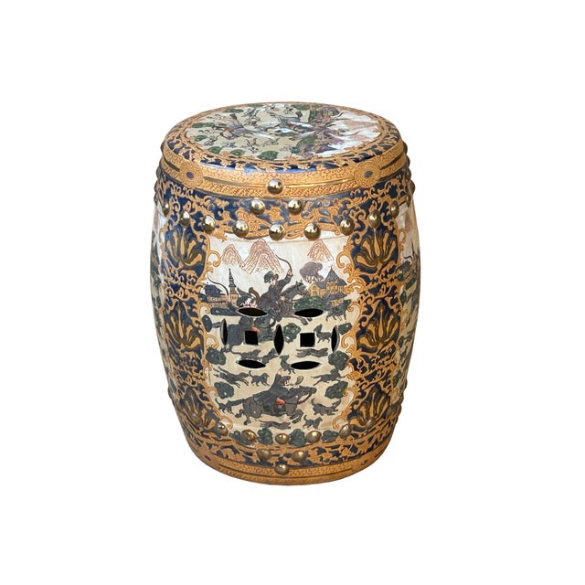 Chinoiserie Vintage Oriental Chinoiserie Horse Riding Porcelain Stool Table Ottoman For Sale - Image 3 of 11