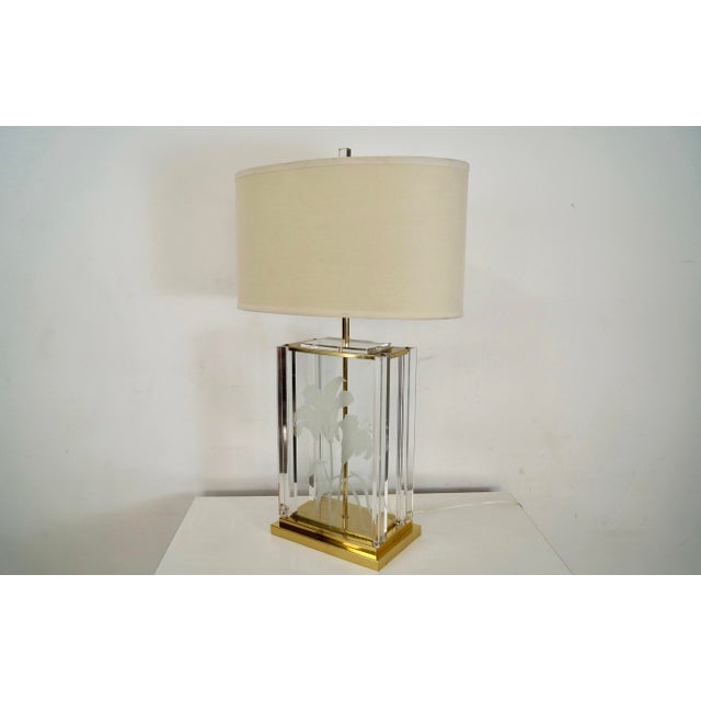 1980s 1980’s Hollywood Regency Etched Glass, Brass, & Lucite Table Lamp by Fredrick Ramond For Sale - Image 5 of 12