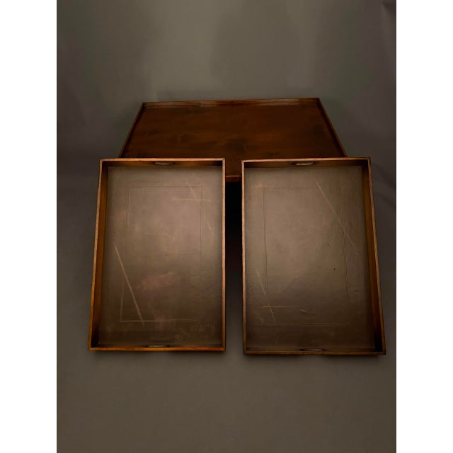 Vintage Campaign Style Mahogany Coffee Table With Removable Leather-Lined Trays & Brass Accents, Circa 1980 For Sale - Image 4 of 13