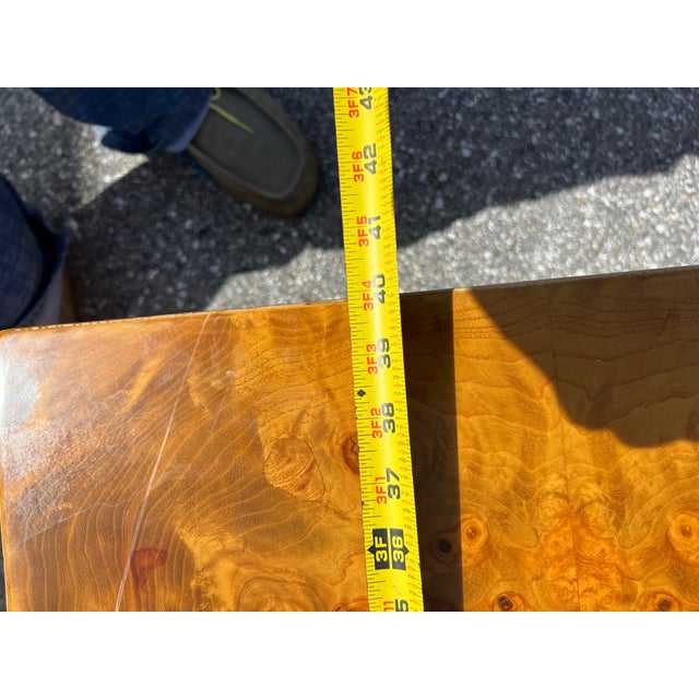 Brown 1970s Milo Baughman Style Olive Wood Cube Base Dining Table For Sale - Image 8 of 9