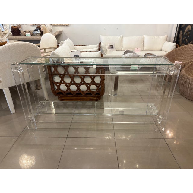 Vintage Modern Peg Lucite Console Table Two Tier New Glass Tops For Sale In West Palm - Image 6 of 12