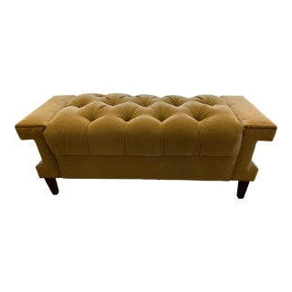 Hickory Chair Mohair Tufted Ottoman in Antique Gold Fabric With French Natural Nailhead Trim and Wood Legs For Sale