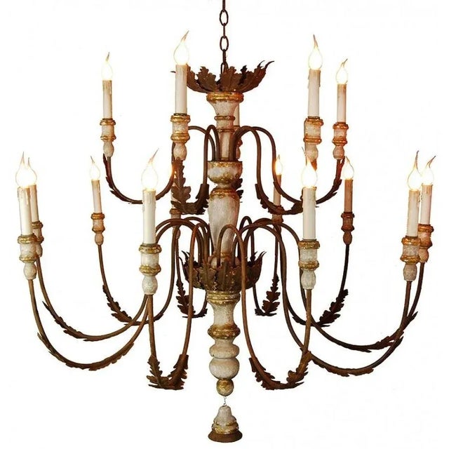 Contemporary Rustic Turned Painted Gold Gray Chandelier For Sale - Image 3 of 3