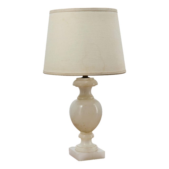 Antique Marble Table Lamp with Fabric Shade For Sale