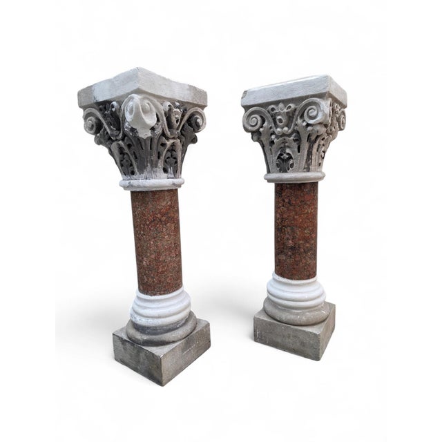 Antique Italian Marble & Sculpted Stone Pedestals from Roman Church Altar - Pair These exquisite deep red marble columns...