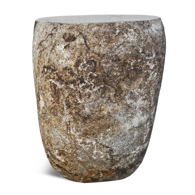 Solid heavy stone boulder vintage outdoor side table or stool. This rustic organic modern piece will look beautiful and...